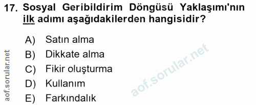 17. soru: Sosyal Geribildirim Döngüsü Yaklaşımı'nın ilk adımı aşağıdakilerden hangisidir? Satın alma B) Dikkate alma C) Fikir o…