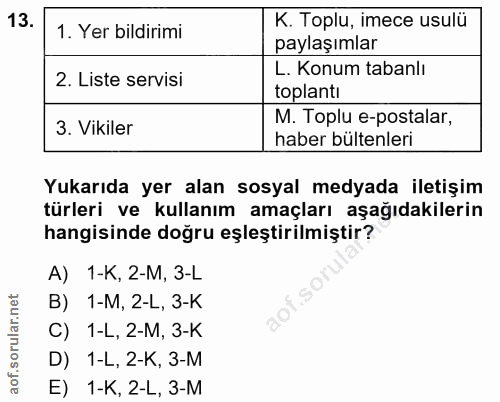 13. soru: 1. Yer bildirimi K. Toplu, imece usulü paylaşımlar 2. Liste servisi L. Konum tabanlı toplantı 3. Vikiler M. Toplu e-p…