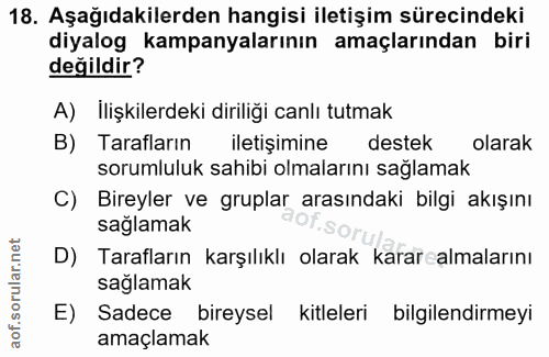 18. soru: Aşağıdakilerden hangisi iletişim sürecindeki diyalog kampanyalarının amaçlarından biri değildir? A) Ilişkilerdeki dir…