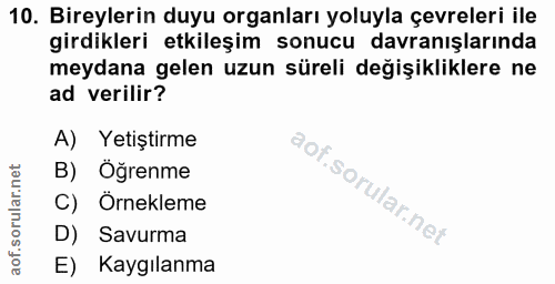 10. soru: Bireylerin duyu organları yoluyla çevreleri ile girdikleri etkileşim sonucu davranışlarında meydana gelen uzun süreli…