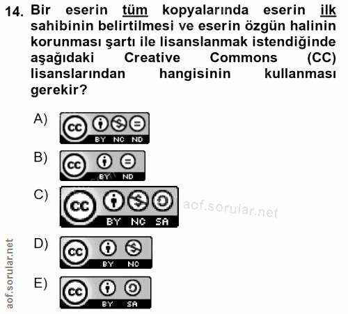 14. soru: Bir eserin tüml kopyalarında eserin ilk sahibinin belirtilmesi ve eserin özgün halinin korunması şartı ile lisanslanm…