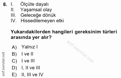 8. soru: I. Ölçüte dayalı II. Yaşamsal olay IlI. Geleceğe dönük IV. Hissedilemeyen etki Yukarıdakilerden hangileri gereksinim…