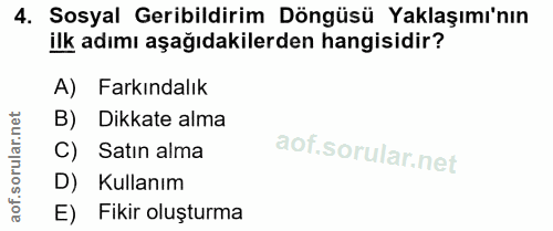 4. soru: Sosyal Geribildirim Döngüsü Yaklaşımı'nın ilk adımı aşağıdakilerden hangisidir? A) Farkındalık B) Dikkate alma C) Sat…
