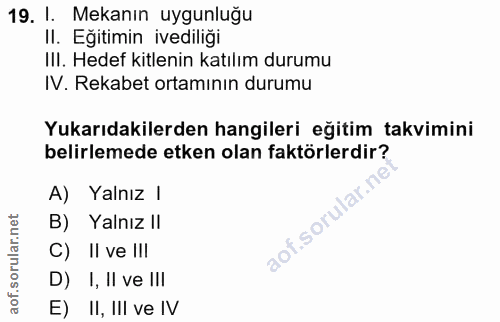 19. soru: I. Mekanın uygunluğu II. Eğitimin ivediliği III. Hedef kitlenin katılım durumu IV. Rekabet ortamının durumu Yukarıdak…