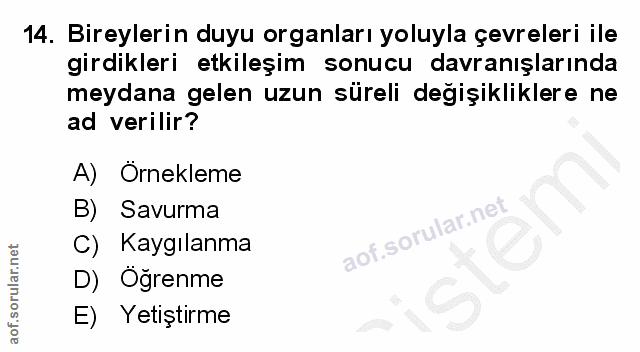 14. soru: Bireylerin duyu organları yoluyla çevreleri ile girdikleri etkileşim sonucu davranışlarında meydana gelen uzun süreli…