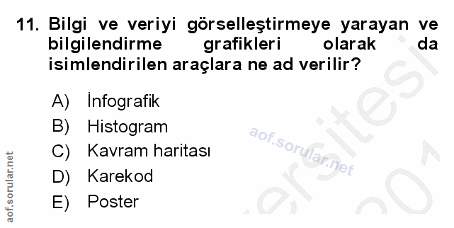 11. soru: Bilgi ve veriyi görselleştirmeye yarayan ve bilgilendirme grafikleri olarak da isimlendirilen araçlara ne ad verilir?…
