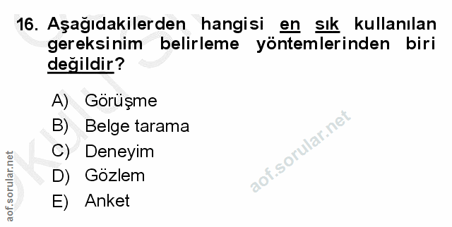 16. soru: Aşağıdakilerden hangisi en sık kullanılan gereksinim belirleme yöntemlerinden biri değildir? A) Görüşme B) Belge tara…