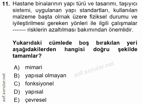 11. soru: Hastane binalarının yapı türü ve tasarımı, taşıyıcı sistemi, uygulanan yapı standartları, kullanılan malzeme başta ol…