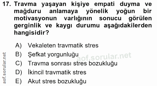 17. soru: Travma yaşayan kişiye empati duyma ve magduru anlamaya yönelik yoğun bir motivasyonun varlığının sonucu görülen gergi…