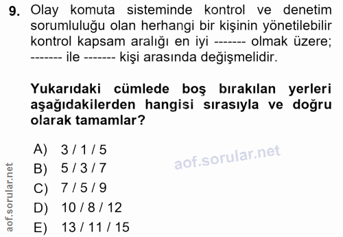 9. soru: Olay komuta sisteminde kontrol ve denetim sorumluluğu olan herhangi bir kişinin yönetilebilir kontrol kapsam aralığı…