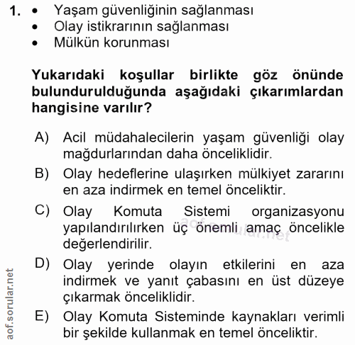 1. soru: • Yaşam güvenliğinin sağlanması • Olay istikrarının sağlanması • Mülkün korunması Yukarıdaki koşullar birlikte göz ön…