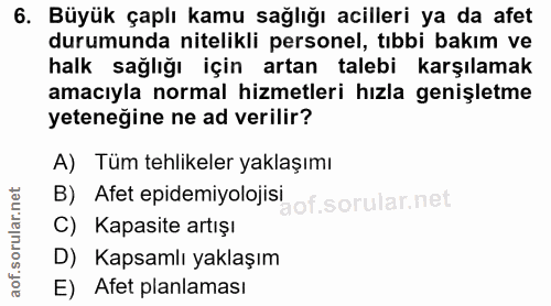 6. soru: Büyük çaplı kamu sağlığı acilleri ya da afet durumunda nitelikli personel, tıbbi bakım ve halk sağlığı için artan tal…