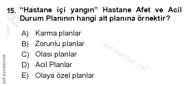 15. soru: "Hastane içi yangın" Hastane Afet ve Acil Durum Planının hangi alt planına örnektir? A) Karma planlar B) Zorunlu plan…