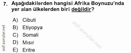 7. soru: Aşağıdakilerden hangisi Afrika Boynuzu'nda yer alan ülkelerden biri değildir? A) Cibuti B) Etiyopya C) Somali D) Mısı…