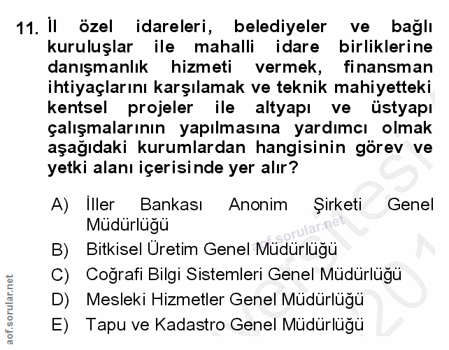 11. soru: I özel idareleri, belediyeler ve bağlı kuruluşlar ile mahalli idare birliklerine danışmanlık hizmeti vermek, finansma…