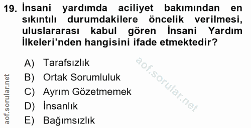 19. soru: Insani yardımda aciliyet bakımından en sıkıntılı durumdakilere öncelik verilmesi, uluslararası kabul gören Insani Yar…