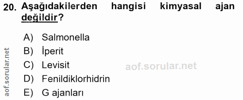20. soru: Aşağıdakilerden hangisi kimyasal ajan değildir? A) Salmonella rular.net B) Iperit C) Levisit D) Fenildiklorhidrin aof…