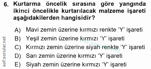 6. soru: Kurtarma öncelik sırasına göre yangında ikinci öncelikle kurtarılacak malzeme işareti aşağıdakilerden hangisidir? A)…