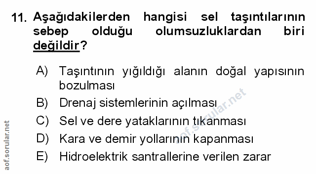11. soru: Aşağıdakilerden hangisi sel taşınılarının sebep olduğu olumsuzluklardan biri değildir? A) Taşıntının yığıldığı alanın…