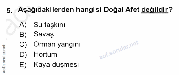 5. soru: Aşağıdakilerden hangisi Doğal Afet değildir? A) Su taşkını B) Savaş C) Orman yangını Hortum E) Kaya düşmesi