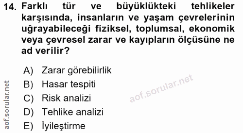 14. soru: Farklı tür ve büyüklükteki tehlikeler karşısında, insanların ve yaşam çevrelerinin uğrayabileceği fiziksel, toplumsal…