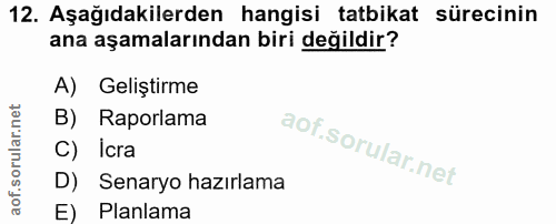 12. soru: Aşağıdakilerden hangisi tatbikat sürecinin ana aşamalarından biri değildir? A) Geliştirme B) Raporlama C) Icra D) Sen…