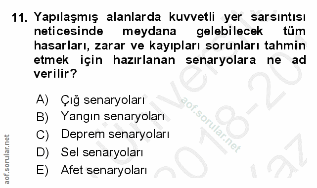 11. soru: Yapılaşmış alanlarda kuvvetli yer sarsıntısı neticesinde meydana gelebilecek tum hasarları, zarar ve kayıpları sorunl…