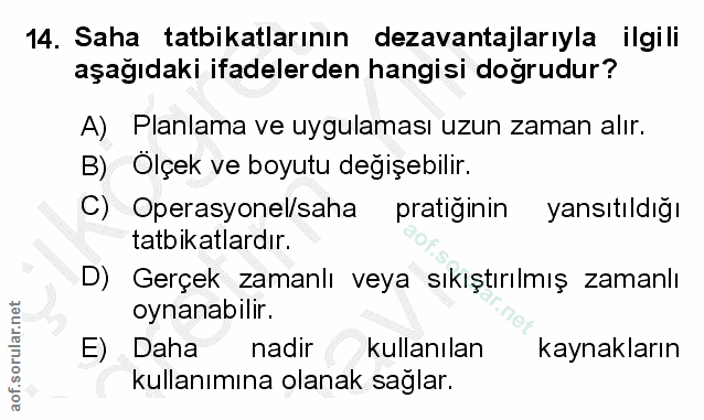 14. soru: Saha tatbikatlarının dezavantajlarıyla ilgili aşağıdaki ifadelerden hangisi doğrudur? A) Planlama ve uygulaması uzun…
