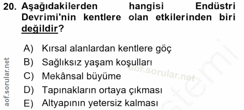 20. soru: Aşağıdakilerden hangisi Endüstri Devrimi'nin kentlere olan etkilerinden biri değildir? A) Kırsal alanlardan kentlere…