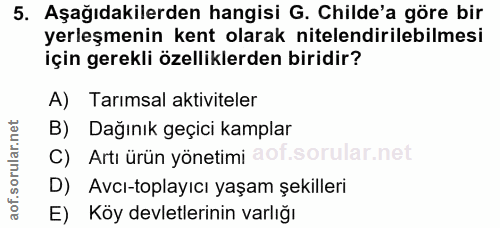 5. soru: Aşağıdakilerden hangisi G. Childe'a göre bir yerleşmenin kent olarak nitelendirilebilmesi için gerekli özelliklerden…