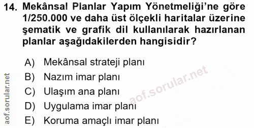 14. soru: Mekânsal Planlar Yapım Yönetmeliği'ne göre 1/250.000 ve daha üst ölçekli haritalar üzerine şematik ve grafik dil kull…