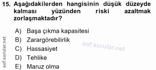 15. soru: Aşağıdakilerden hangisinin düşük düzeyde kalması yüzünden riski azaltmak zorlaşmaktadır? A) Başa çıkma kapasitesi oru…