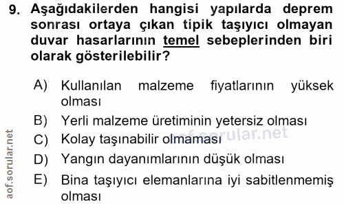 9. soru: Aşağıdakilerden hangisi yapılarda deprem sonrası ortaya çıkan tipik taşıyıcı olmayan duvar hasarlarının temel sebeple…