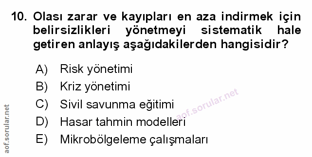 10. soru: Olası zarar ve kayıpları en aza indirmek için belirsizlikleri yönetmeyi sistematik hale getiren anlayış aşağıdakilerd…