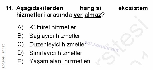 11. soru: Aşağıdakilerden hangisi ekosistem hizmetleri arasında yer almaz? A) Kültürel hizmetler B) Sağlayıcı hizmetler C) Düze…