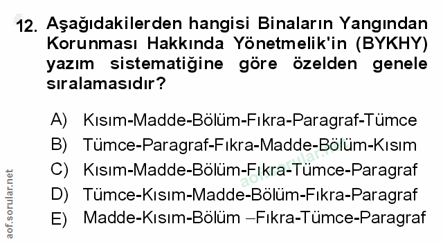 12. soru: Aşağıdakilerden hangisi Binaların Yangından Korunması Hakkında Yönetmelik'in (BYKHY) yazım sistematiğine göre özelden…