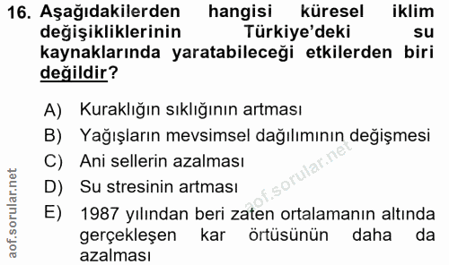 16. soru: Aşağıdakilerden hangisi küresel iklim değişikliklerinin Türkiye'deki su kaynaklarında yaratabileceği etkilerden biri…