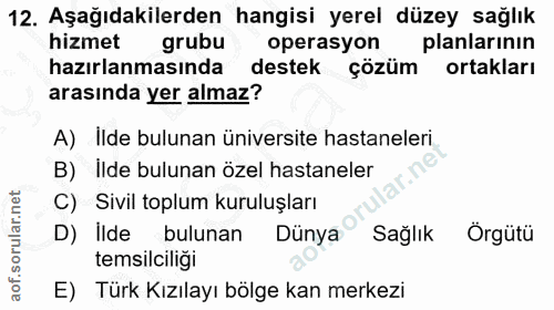 12. soru: Aşağıdakilerden hangisi yerel düzey sağlık hizmet grubu operasyon planlarinin hazırlanmasında destek çözüm l ortaklar…