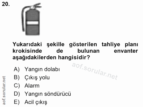 20. soru: Yukarıdaki şekille gösterilen tahliye planı krokisinde de bulunan envanter aşağıdakilerden hangisidir? A) Yangın dola…