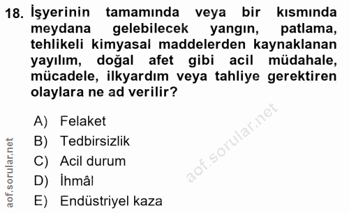 18. soru: İşyerinin tamamında veya bir kısmında meydana gelebilecek yangın, patlama, tehlikeli kimyasal maddelerden kaynaklanan…
