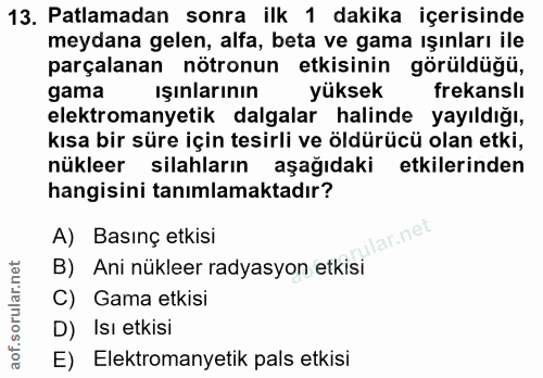 13. soru: Patlamadan sonra ilk 1 dakika içerisinde meydana gelen, alfa, beta ve gama ışınları ile parçalanan nötronun etkisinin…