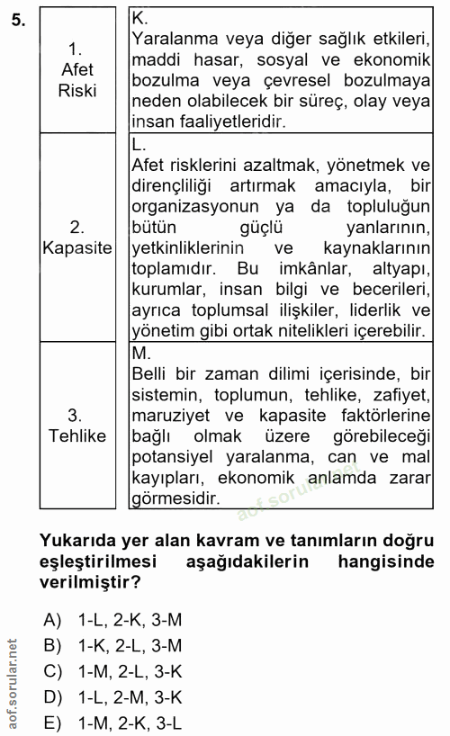 5. soru: K Yaralanma veya diğer sağlık etkileri, Afet maddi hasar, sosyal ve ekonomik Riski bozulma veya çevresel bozulmaya ne…