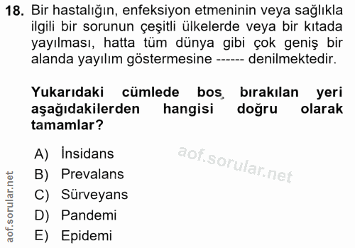 18. soru: Bir hastalığın, enfeksiyon etmeninin veya sağlıkla ilgili bir sorunun çeşitlı ülkelerde veya bir kıtada yayılması, ha…