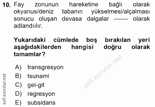 10. soru: Fay zonunun hareketine bağlı olarak okyanus/deniz tabanın yükselmesi/alçalması sonucu oluşan devasa dalgalar --- olar…