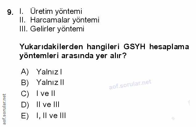 9. soru: I. Uretim yöntemi Il. Harcamalar yöntemi IlI. Gelirler yöntemi Yukarıdakilerden hangileri GSYH hesaplama yöntemleri a…