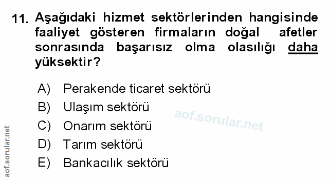 11. soru: Aşağıdaki hizmet sektörlerinden hangisinde faaliyet gösteren firmaların doğal afetler sonrasında başarısız olma olası…