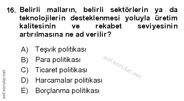 16. soru: Belirli malların, belirli sektörlerin ya da teknolojilerin desteklenmesi yoluyla üretim kalitesinin ve rekabet seviye…