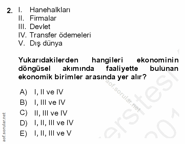 2. soru: Hanehalkları II. Firmalar Ill. Devlet IV. Transfer ödemeleri V. Dış dünya Yukarıdakilerden hangileri ekonominin döngü…