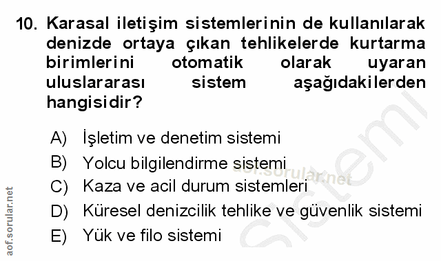 10. soru: Karasal iletişim sistemlerinin de kullanılarak denizde ortaya çıkan tehlikelerde kurtarma birimlerini otomatik olarak…