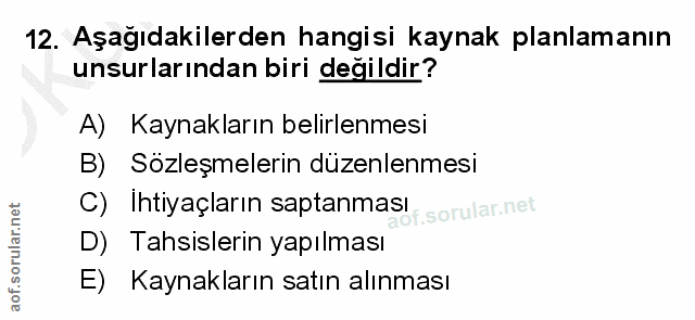12. soru: Aşağıdakilerden hangisi kaynak planlamanın unsurlarından biri değildir? A) Kaynakların belirlenmesi B) Sozleşmelerin…